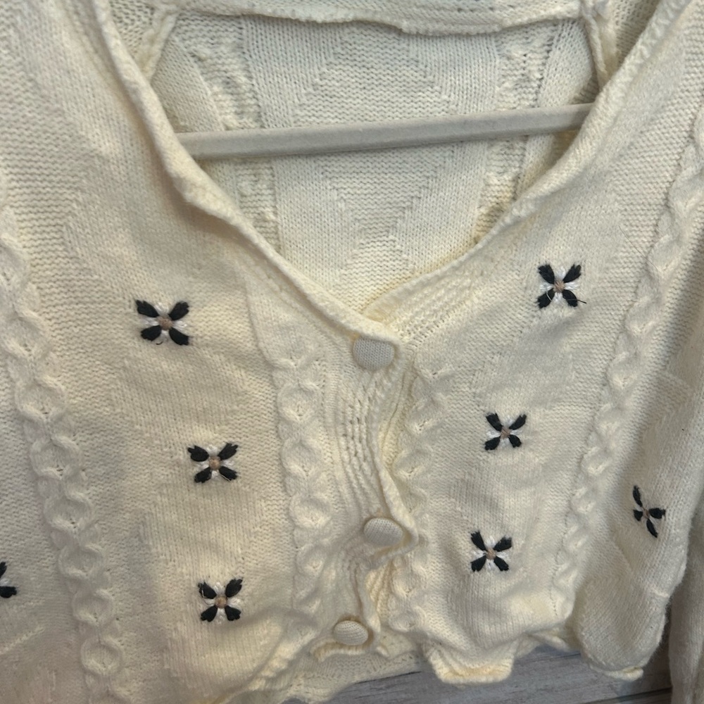 Shein Cream V Neck Floral Button Up Cardigan Sweater with Black Accents - Picture 5 of 7